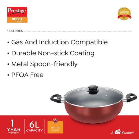 Prestige OMG DLX Induction Base Non-Stick Aluminium Deep Kadhai, 30cm, Red