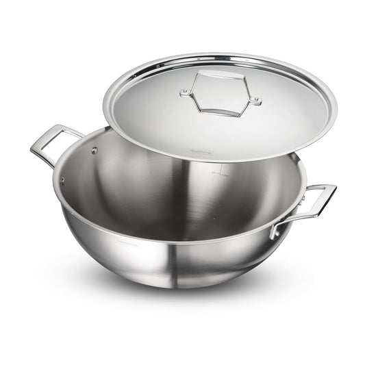 Tramontina AEION 36cm/10.9L Triply Stainless Steel Deep Kadai with Lid | Stir-Fry/Deep-Fry Cookware with Measurement Scale | Kadhai for Curry | Gas/Induction Compatible | 10 Yr Warranty*