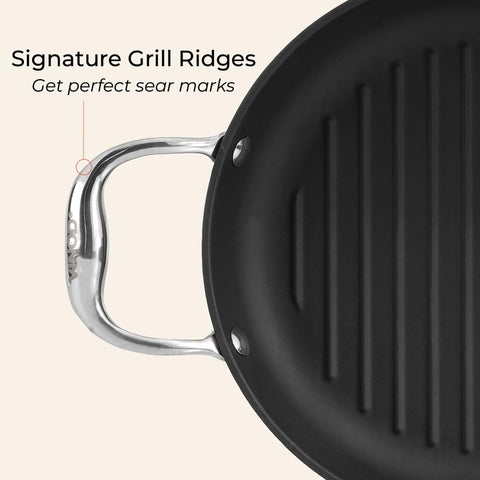 Vinod Ferona Lightweight Cast Iron Grill Pan - 1.2 L, 24 cm | No Seasoning Required | Naturally Stick-Free | Steel Handle | Metal Spoon Safe | Gas, Induction Base | PTFE & PFOA Free | 2-Year Warranty