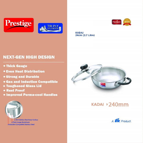 Prestige 24cm/2.7L Tri-Ply Stainless Steel Splendor Kadai with Lid| Gas & Induction Compatible| Even Heat Distribution| Strong and Durable| Perma-Cool Handles