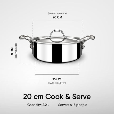 Stahl Triply Stainless Steel Artisan Cook & Serve Casserole with Lid, 20cm, 2.2 Liter (Serves 3-4 People)
