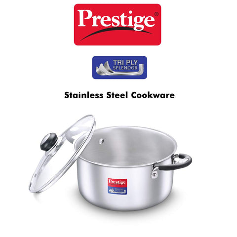 Prestige 24cm/5.5L Tri-Ply Stainless Steel Splendor Casserole with Glass Lid|Gas and Induction Compatible| Even Heat Distribution|Strong and Durable| Perma-Cool Handles