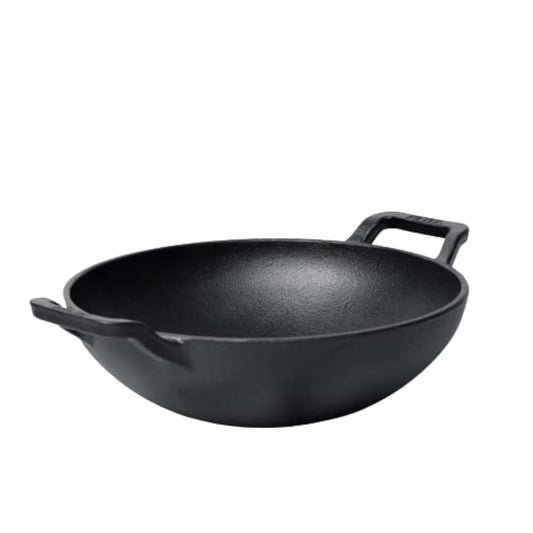 Meyer Pre Seasoned Cast Iron Kadai Without Lid | Iron Kadai for Cooking | Cast Iron Kadhai | Induction Kadai | Deep Frying Kadai | Heavy Bottom Iron Kadai, 26cm, Black