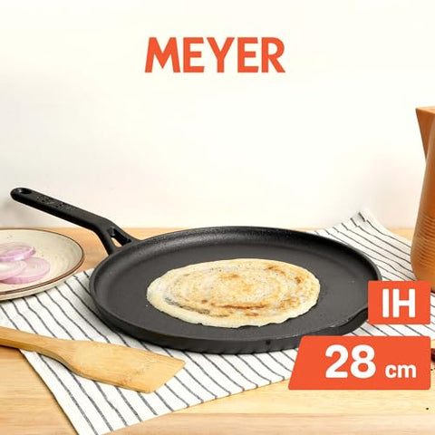 Meyer Pre-Seasoned Cast Iron Flat Dosa, Roti, Chapati Tawa Pan with Stick Handle, Dosa Kallu, Iron Tawa Big Size | Pre-Seasoned Iron Cookware | 28cm, Black