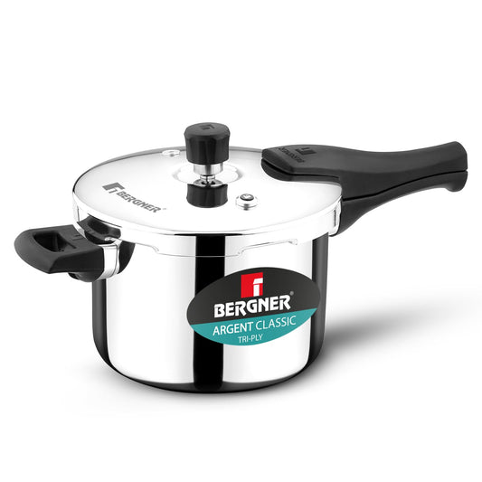 Bergner Argent Classic Triply Stainless Steel 3.5 Liters Outer Lid Pressure Cooker, Triply Cooker with Resettable Safety Valve, Sturdy Handle, Easy to Use and Clean - Induction and Gas Stove Ready