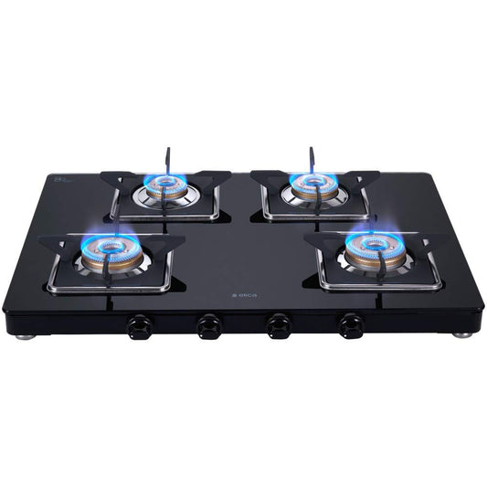Elica Slimmest 4 Burner Gas Stove | 694 CT VETRO (SLIMLINE SPF 2J) | Forged Brass Burners | Square Enameled Grid | Toughened Glass Top | Manual Ignition | Black