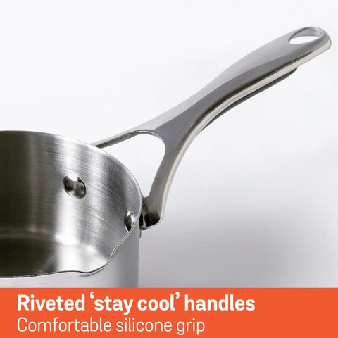 Meyer Select Nickel Free Stainless-Steel Open Milkpan | Tea pot| Milk Pot | Small Milk Pan with triply Base | Chai Pan | Mill pan for Cooking | Gas and Induction Compatible, 14cm/ 0.9 Liters, Silver