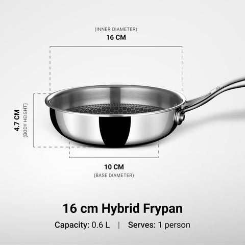 Stahl Artisan Hybrid Triply Frying Pan Without Lid 0.6 L, 16 cm, Induction Base Non Stick Fry Pan, Stainless Steel Frying Pan