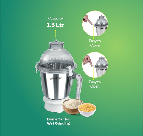 Signora Care Dynamatic 945 Watts 3 Speed Control Mixer Grinder | German Double Ball Bearing Motor 22000 Rpm | 5 Years Motor Warranty | Unbreakable Polycarbonate (3 Jars - 0.5L+1L+1.5L) - White