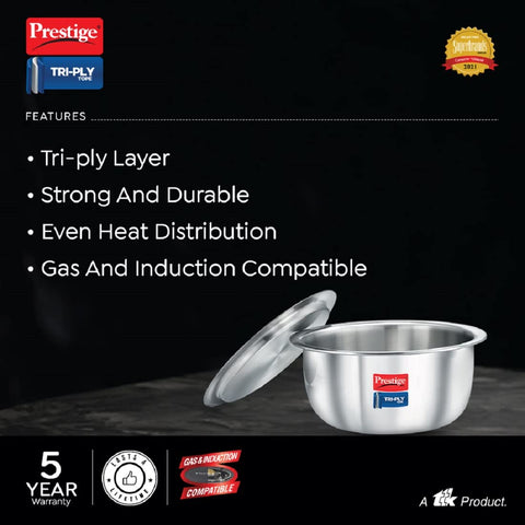Prestige 18cm/1.9L Tri-Ply Stainless Steel Tope with Lid|Gas and Induction Compatible| Even Heat Distribution|Strong and Durable| 5 Years Warranty