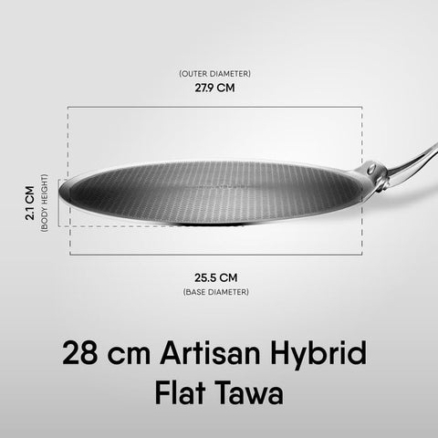 Stahl Artisan Hybrid Flat Tawa | 28 cm Triply Stainless Steel Tawa with Honeycomb Structured Stick Resistant Layer | Scratch Resistant and Compatible with Induction & Gas Stove