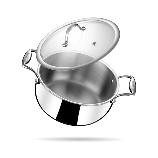 Stahl Triply Stainless Steel Sauce Pot with Lid I Stainless Steel Belly Casserole | Tri Ply Biryani Pot with Induction Base | Artisan 4178, Dia 18 cm, 2.4 L (Serves 3 People)