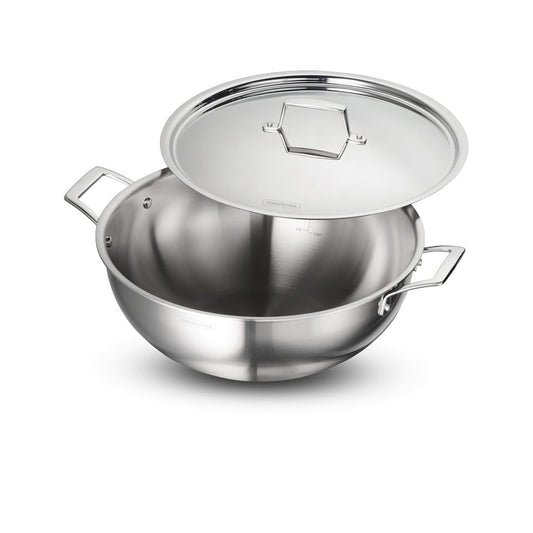 Tramontina AEION 32cm/8L Triply Stainless Steel Deep Kadai with Lid | Stir-Fry/Deep-Fry Cookware with Measurement Scale | Kadhai for Curry | Gas/Induction Compatible | 10 Yr Warranty*