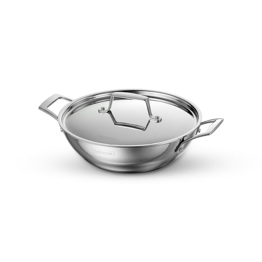 TRAMONTINA AEION 24cm/2.6L Triply Stainless Steel Kadai with Lid | Stir-Fry/Deep-Fry Cookware with Measurement Scale | Kadhai for Curry, | Gas/Induction Compatible | 10 Yr Warranty*