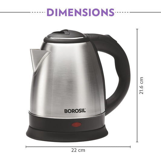 Borosil Stainless Steel 1350W Electric Kettle (1.5L) | Classic Design with Auto Shut-Off, Dry Boil Protection, and 360° Swivel Base for Hot Water, Tea, Coffee and Soup | 1 Year Warranty