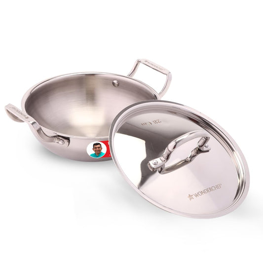Wonderchef Stella Triply Stainless Steel Kadhai with Lid | 28 cm, 4.5 litres | Compatible with Gas Stove, Induction, Ceramic Cooktop | Non-Toxic | Heavy-Duty Handle | 10-Year Warranty