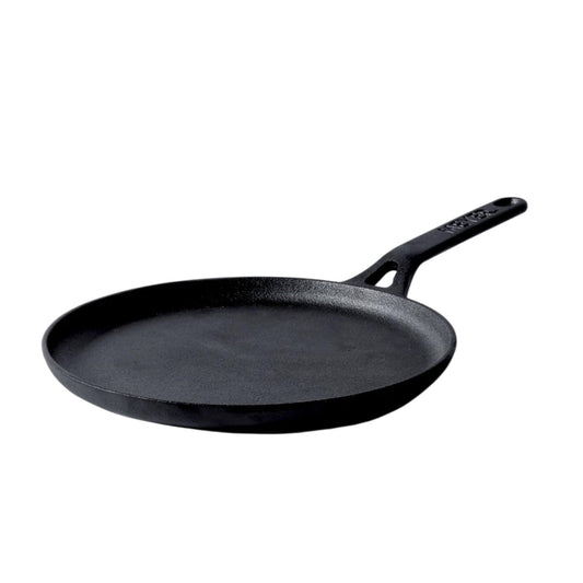 Meyer Pre-Seasoned Cast Iron Flat Dosa/Roti/Chapati Tawa Pan with Stick Handle, Dosa Kallu, Iron Tawa Small Size, Gas and Induction Compatible | 24cm, Black