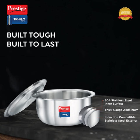 Prestige 18cm/1.9L Tri-Ply Stainless Steel Tope with Lid|Gas and Induction Compatible| Even Heat Distribution|Strong and Durable| 5 Years Warranty