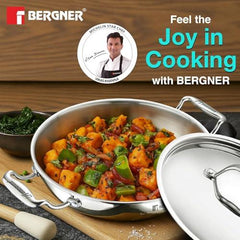 BERGNER Argent Triply 36cm Kadai with Stainless Steel Lid, Large Kadhai, Even and Faster Heating, Consumes Less Oil, Healthy Cooking, Stay Cool Cast Handles - Induction and Gas Stove Ready
