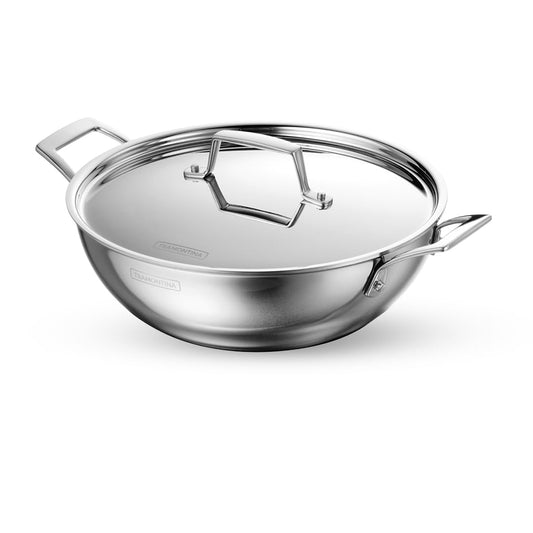 Tramontina AEION 30cm/5.7L Triply Stainless Steel Kadai with Lid | Stir-Fry/Deep-Fry Cookware with Measurement Scale | Kadhai for Curry, | Gas/Induction Compatible | 10 Yr Warranty*
