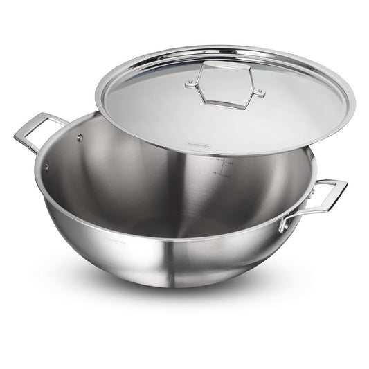 Tramontina AEION 40cm / 14.3L Triply Stainless Steel Deep Kadai with Lid | Stir-Fry/Deep-Fry Cookware with Measurement Scale | Kadhai for Curry | Gas/Induction Compatible | 10 Yr Warranty