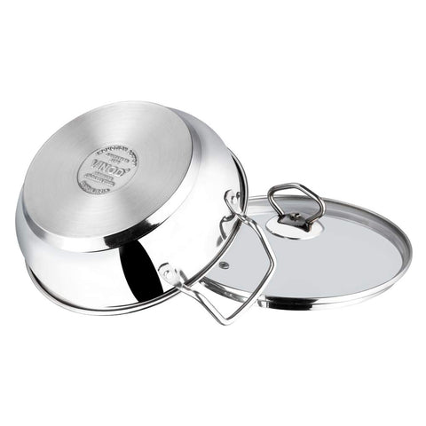Vinod Stainless Steel Kadhai with Glass Lid, 2.7 L (26 cm) | Extra Thick Heavy Base, Riveted Handles, Easy to Clean, Durable Body | Ideal for Curries & Frying | Induction & Gas Base | 2 Yr Warranty