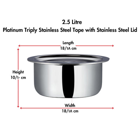 Vinod Platinum Triply Stainless Steel Tope with Stainless Steel Lid 2.5 litres Capacity (18 cm Diameter) - Silver (Induction and Gas Stove Friendly), 5 Years Warranty