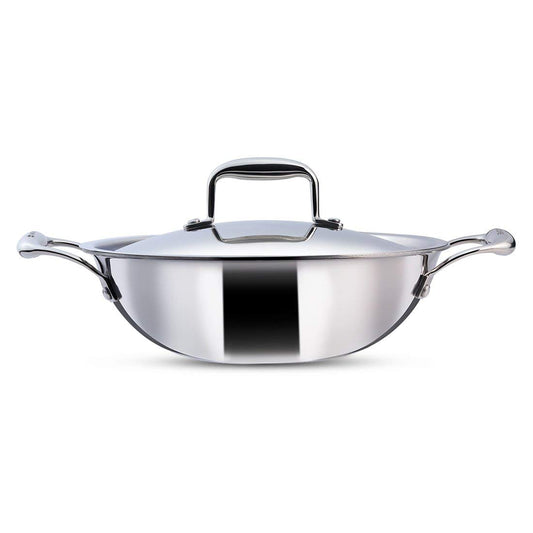 Wonderchef Nigella Tri-ply Stainless Steel 20 cm Kadhai with Lid | 1.5 Litre | 2.6mm Thickness | Kadai with Induction base | Compatible with all cooktops | Riveted Cool-Touch Handle | 10 Year Warranty