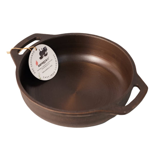 Aarogyam Cast Iron Flat Kadhai - 10 inch (31 cm), Weight 2.6 Kgs - Pre-Seasoned | Gas & Induction Compatible | Non-Toxic | Naturally Non-Stick | Oven Safe