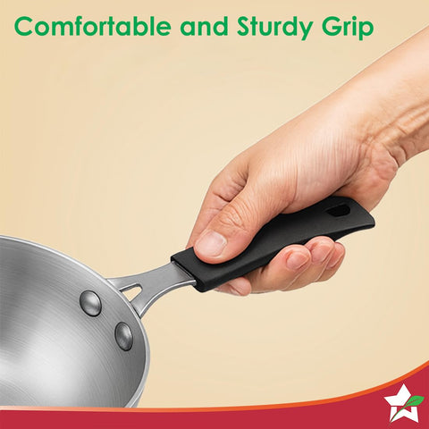 Wonderchef Venice Tri-ply Stainless-Steel Mini Wok Tadka Pan | 650 ml, 14 cm | Cool-Touch Silicone Handle | Warp-Resistant, 100% Food-Grade Material | Compatible with All Cooktops | 1-Year Warranty