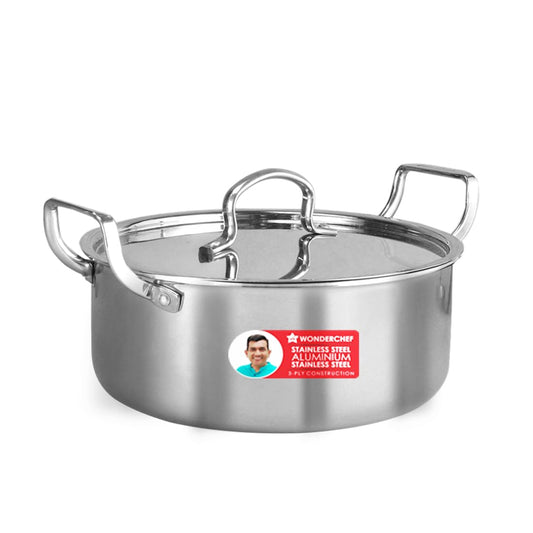 Wonderchef Stella Triply Stainless Steel Casserole with Lid | 22 cm, 3.5 litres | Compatible with Gas Stove, Induction, Ceramic Cooktop | Non-Toxic | Heavy-Duty Handle | 10-Year Warranty