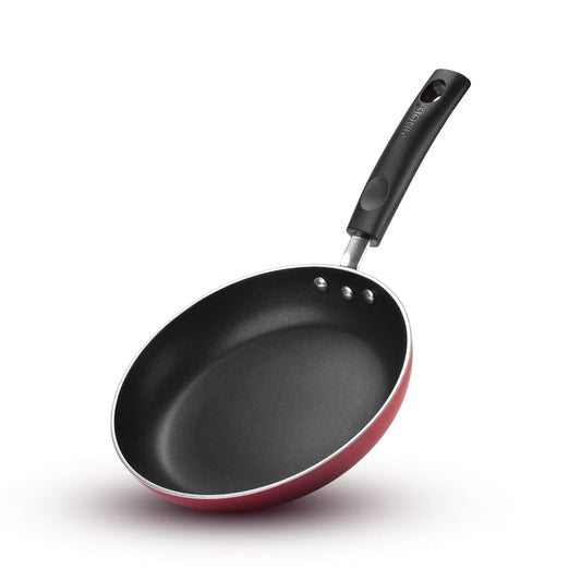 Vinod Zest Inducto Aluminium Non Stick Frypan - 22 cm | 3mm Extra Thick | 3 Layer Coating | Swiss Quality | Metal Spoon Friendly | Induction Base | 1 Year Warranty - Red