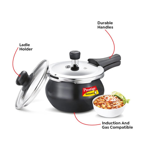 Prestige Deluxe Duo Plus Hard Anodised Outer Lid Handi Pressure Cooker With Stainless Steel Lid 3.0 Liters and Glass lid