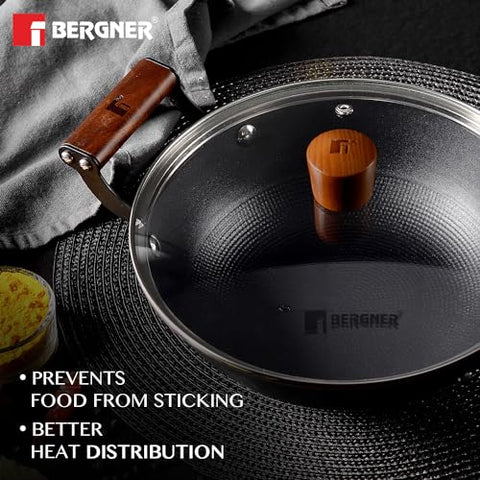 Bergner Odin 28 cm Cast Iron Kadai/Kadhai with Glass Lid, 3.3 L Capacity, For Deep-Fry/Stir-Fry/Curry/Roast/Grill/Serving, Lightweight and Rust Proof Iron, Enamel Finish, Induction and Gas Stove Ready