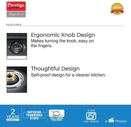 Prestige Royale Plus GT 03L Toughened Black Glass Top Gas Stove(Manual, 3 Brass Burners, Black, Baati/Tandoor Stand Inside)