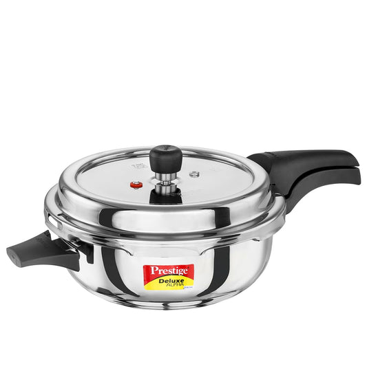 Prestige 4 Litre Stainless Steel Deluxe Alpha Svachh Outer Lid Senior Pressure Pan Cooker | 10Y Warranty| Deep Lid for Spillage Control | TRIPLY Base | GRS | Gas & Induction Compatible | ISI
