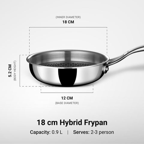 Stahl Artisan Hybrid Triply Frying Pan Without Lid 0.9 L, 18 cm, Induction Base Non Stick Fry Pan, Stainless Steel Frying Pan