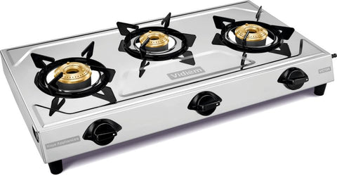 Vidiem Victor Stainless Steel Gas Stove 3 Burner| Brass Burners | Mirror Finish | Large Cooking Space | Anti-Rust | High Efficiency | ISI Certified | 5 Year Warranty