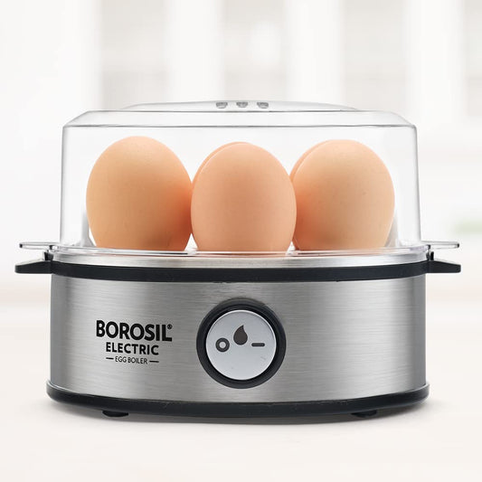Borosil Electric Egg Boiler with Poaching Tray, Boil Eggs At A Time, For Hard, Soft, Medium Boiled Eggs, Steamed Vegetables, Transparent Lid, Stainless Steel Exterior (7 Egg Capacity)
