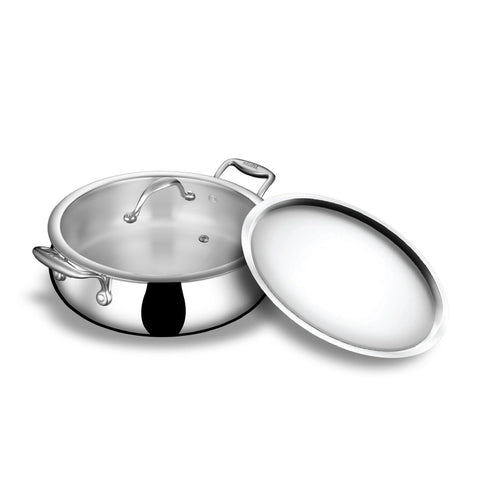 Stahl Artisan Triply Stainless Steel 28 cm Biryani Handi with Dual lid, Steel Lid for Dum & Glass Lid for Serving | 5.5L Biryani Pot, Gas & Induction Compatible | Non-Toxic, Less Oil, Stick Resistant