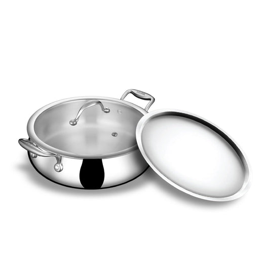 Stahl Artisan Triply Stainless Steel 24 cm Biryani Handi with Dual lid, Steel Lid for Dum & Glass Lid for Serving | 4L Biryani Pot, Gas & Induction Compatible | Non-Toxic, Less Oil, Stick Resistant