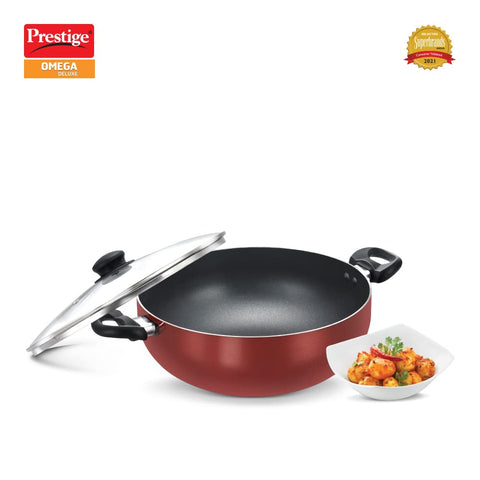 Prestige OMG DLX Induction Base Non-Stick Aluminium Deep Kadhai, 30cm, Red