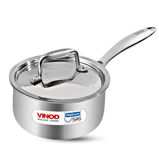Vinod Platinum Triply Stainless Steel Saucepan with Stainless Steel Lid 1.6 Liters Capacity (16 cm Diameter) with Riveted Handle - Silver (Induction and Gas Stove Friendly)