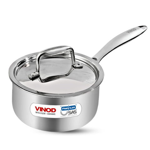 Vinod Platinum Triply Stainless Steel Saucepan with Stainless Steel Lid 1.6 Liters Capacity (16 cm Diameter) with Riveted Handle - Silver (Induction and Gas Stove Friendly)