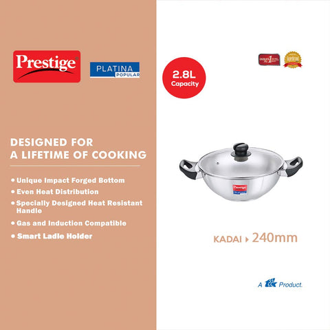 Prestige Platina Popular SS Kadai 240mm - Forged Induction Bottom Base