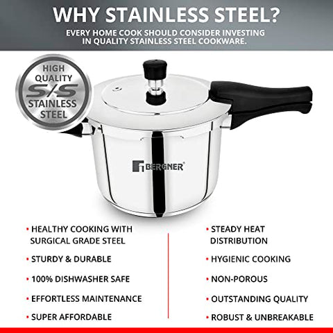 Bergner Pura Stainless Steel 3.5 L Pressure Cooker, Outer Lid Cooker, Triply Bottom, For Healthy Cooking, Mirror Finish, Easy To Clean, Induction Base & Gas Ready, Silver