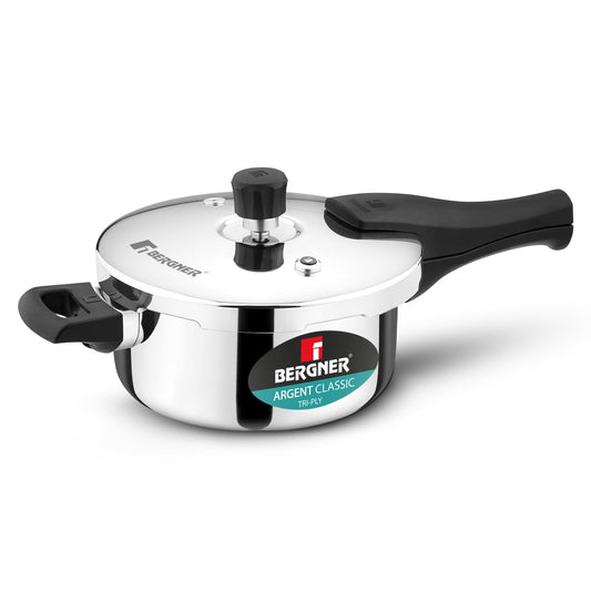 Bergner Argent Classic Triply Stainless Steel 3.5 Liters Outer Lid Pressure Pan, Triply Cooker with Resettable Safety Valve, Sturdy Handle, Easy to Use and Clean - Induction and Gas Stove Ready