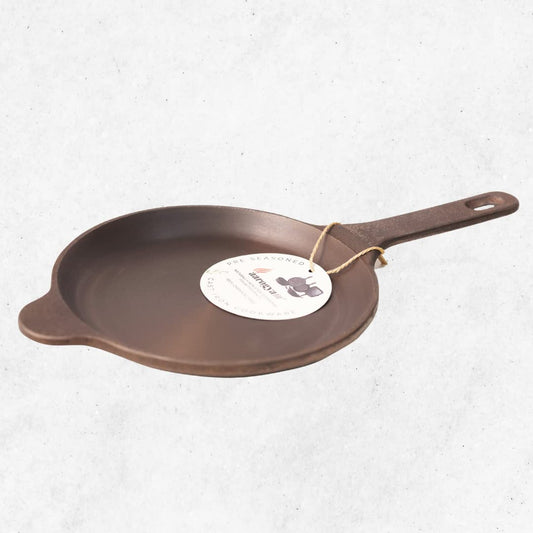 Aarogyam Cast Iron Shallow Fry Omlet Pan Tawa - 8 Inch Diameter, Perfect for 2 Egg Omlet/Uttapam/Roasting, Long Handle, Gas & Induction Compatible, Pre-Seasoned, Naturally Nonstick, Weight 650 Grams