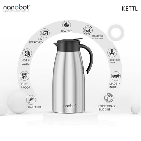 NANOBOT KETTL 1500mL Vacuum Insulated Plain Stainless Steel Teapot | Hot & Cold Coffeepot | Press & Pour Lid | Leak-Proof, BPA-Free | Tea, Coffee, Office, Home & Travel Use | Eco-Friendly Reusable