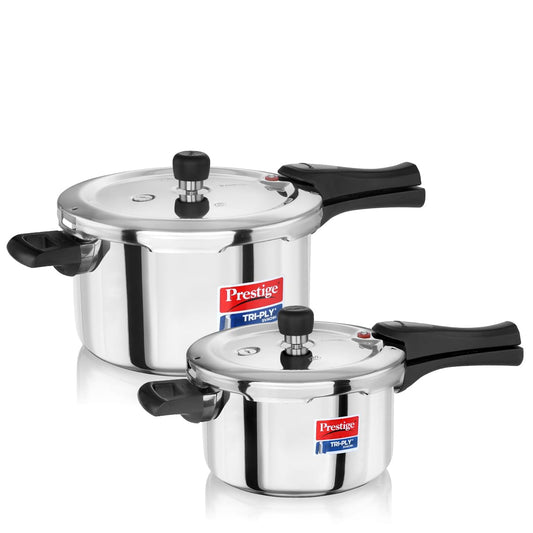 Prestige 5L+3L Triply Svachh Outer Lid Pressure Cooker Combi with 2 Lids|Gas & Induction Compatible|Deep lid for spillage control|Triply body for even heat distribution|5 Years Warranty|ISI Certified